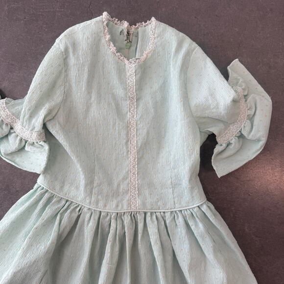 Vintage 90's Y2K Mint Green Polka Dot Peplum Ruffle Lace Midi Youth Dress 4T - Picture 3 of 7